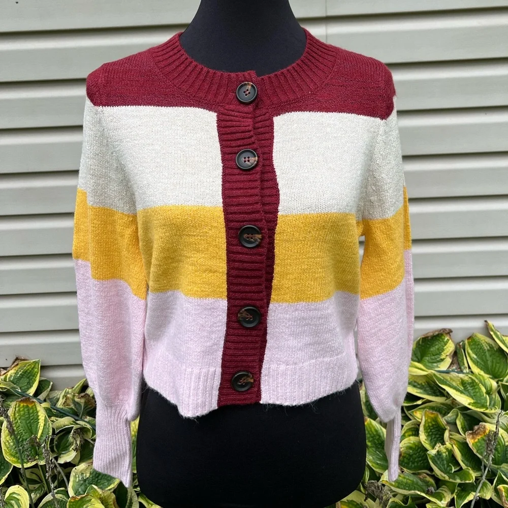 NWT Wild Fable Striped Button Up Balloon Sleeve Crop Sweater - Picture 7 of 8